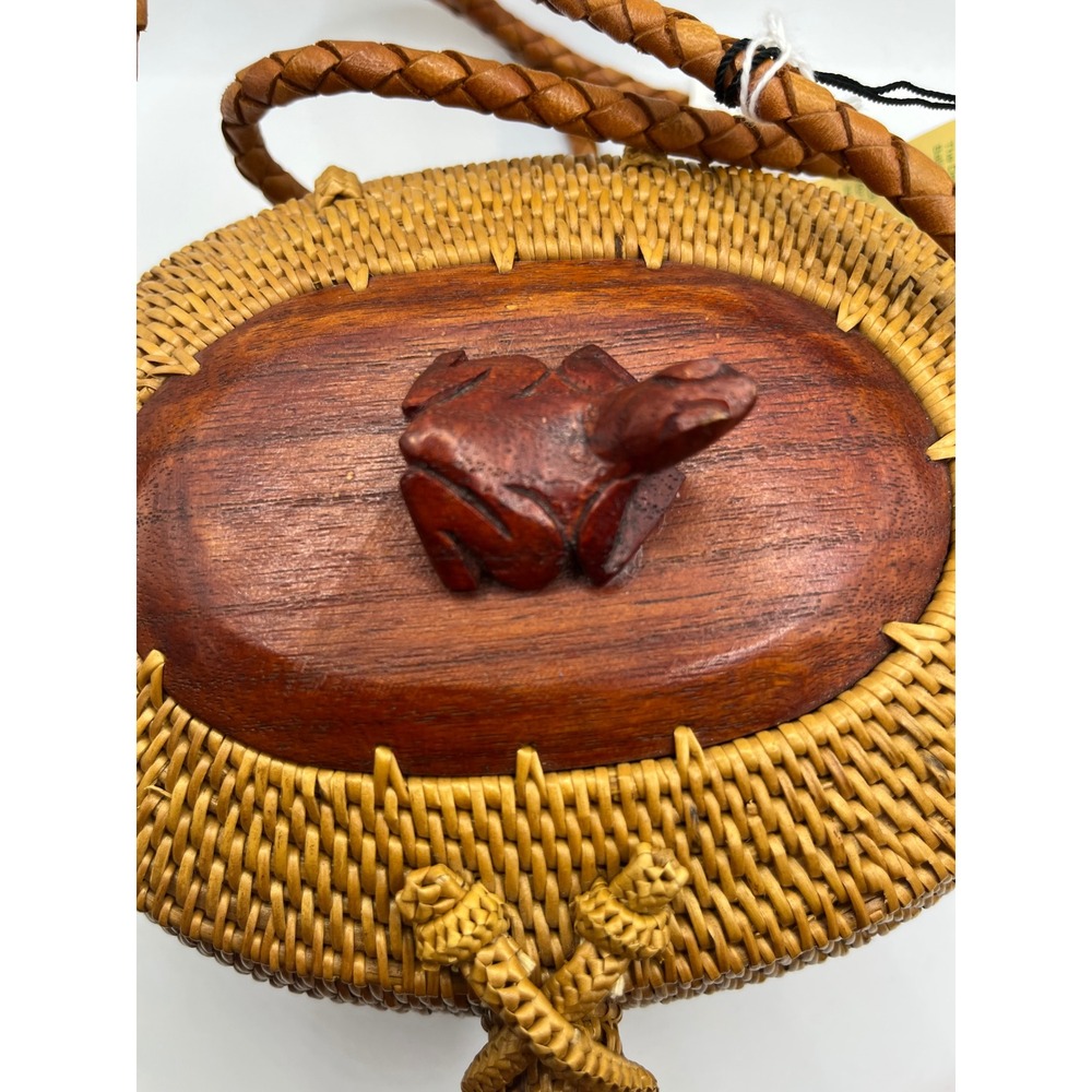 Woven Rattan Round Crossbody Bag Purse‎ with Wood Frog Accent Boho Chic